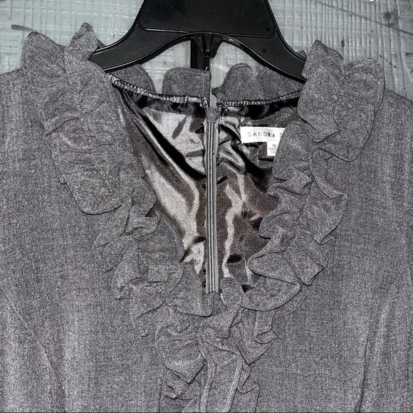 Sandra Darren dress, solid gray with ruffled V-neckline, zipper in back - Picture 3 of 10